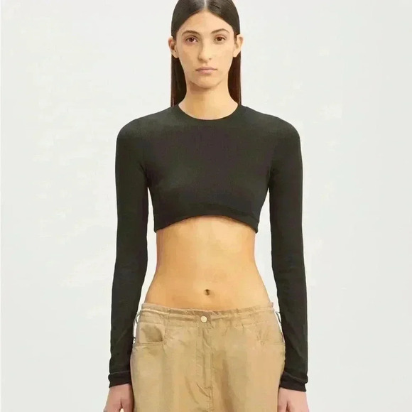 NWT PALM ANGELS FITTED RIBBED LONG SLEEVE CROPPED RIBBED T-SHIRT TEE BLACK L - Picture 2 of 11